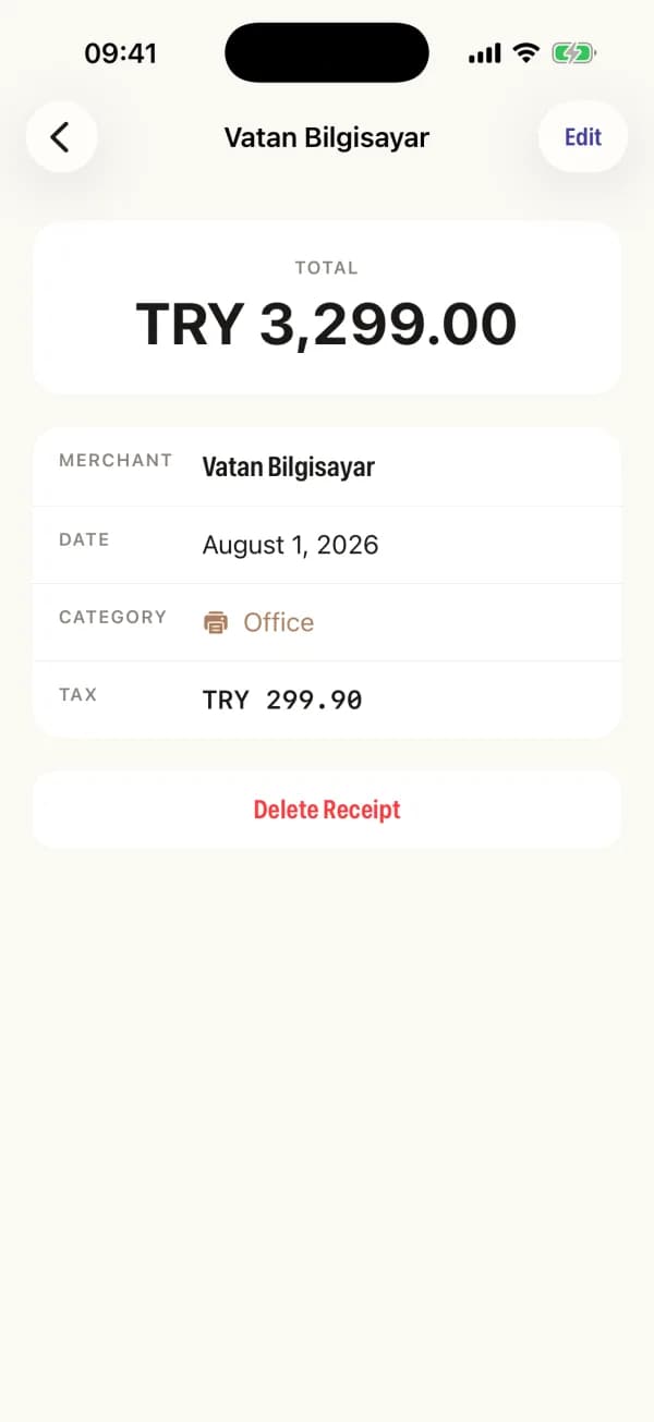 A single receipt with its line items and notes