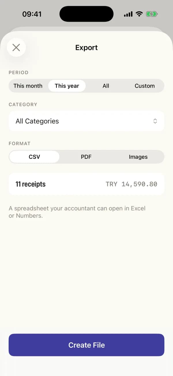 Export a date range as a CSV for spreadsheets, or a PDF with the receipt images attached.