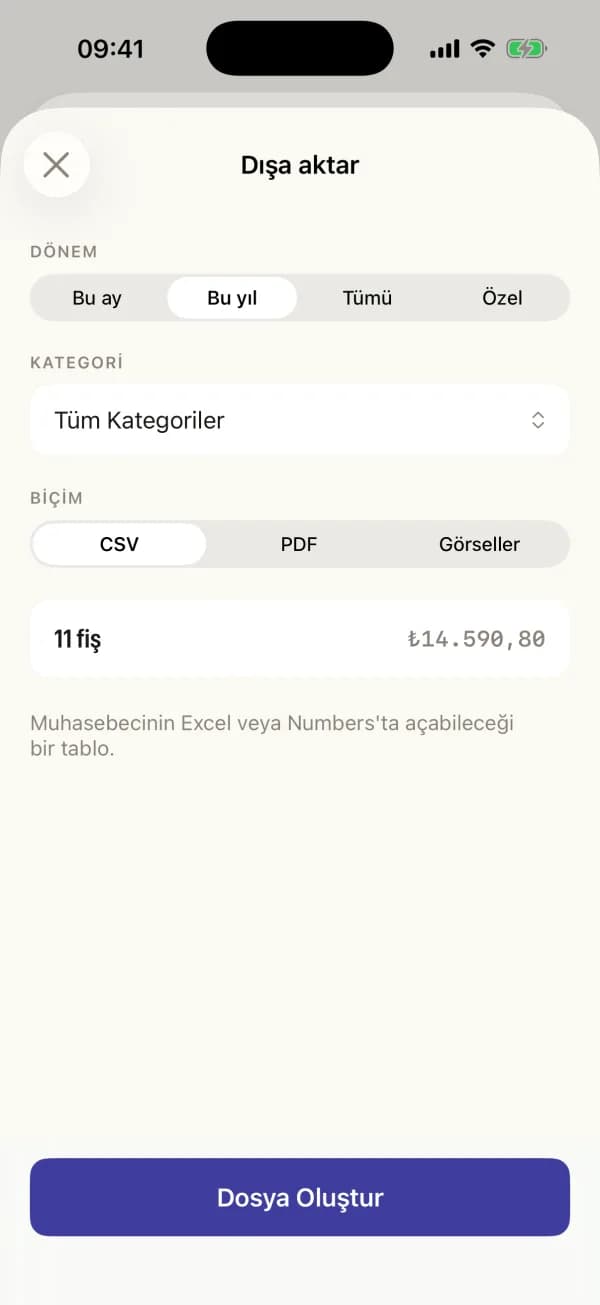İstediğiniz tarih aralığını tablo için CSV, ya da fiş görselleri ekli PDF olarak çıkarın.