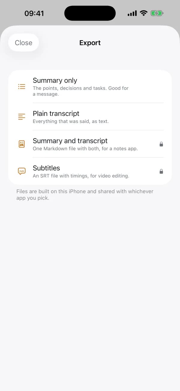 Export the text, a Markdown file, SRT subtitles, or the audio itself.