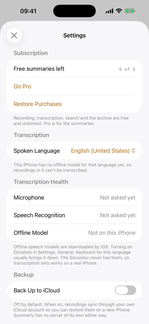 Settings shows what the iPhone can do offline, so nothing about transcription is a surprise.