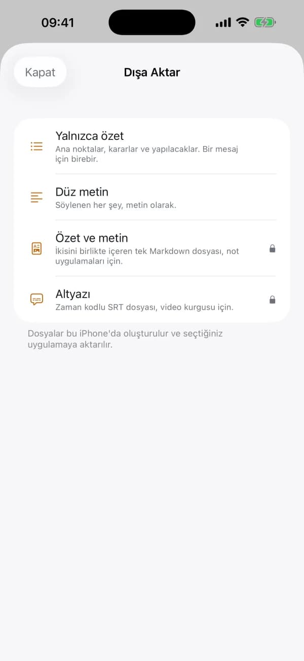 Metni, Markdown dosyasını, SRT altyazıyı ya da sesin kendisini dışa aktarın.