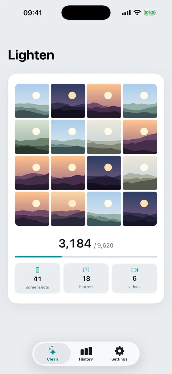 The scan walks your own library, counting screenshots, blurred shots and long videos as it goes.