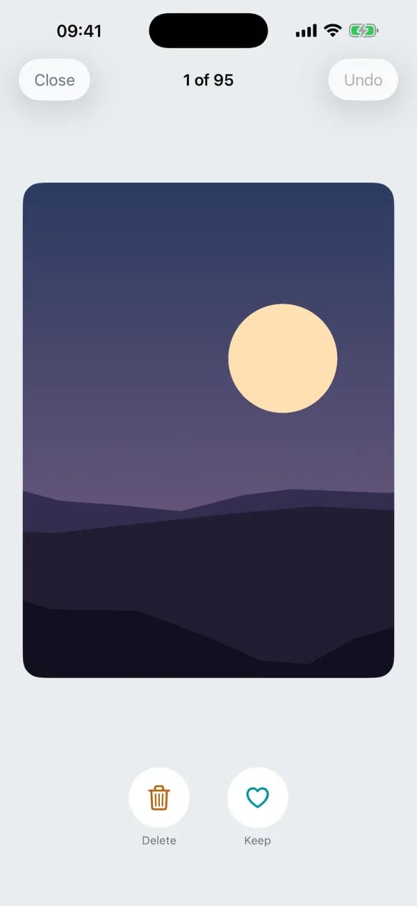 One photo at a time: swipe left to delete, right to keep, and undo the one you regret.