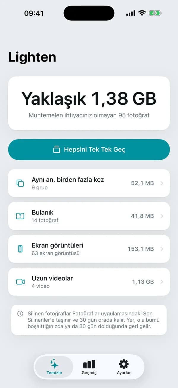 Geri kazanılabilir alan için tek bir rakam, ardından her tür için ayrı bir giriş.