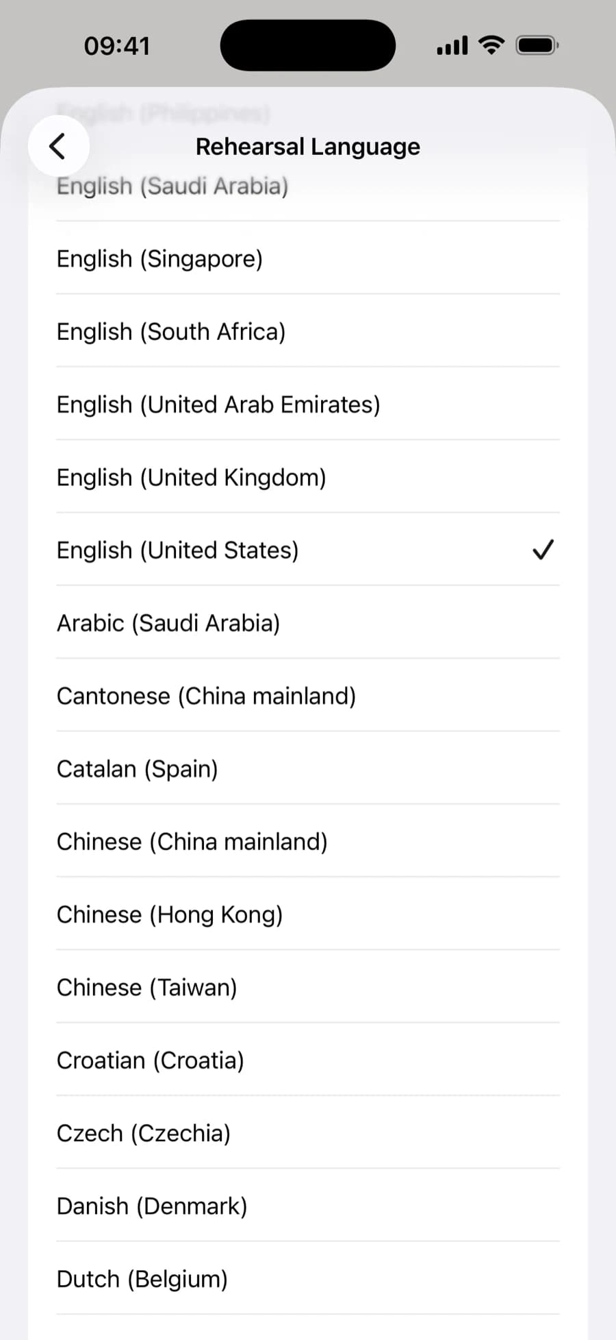 Rehearse in whichever language your iPhone has downloaded